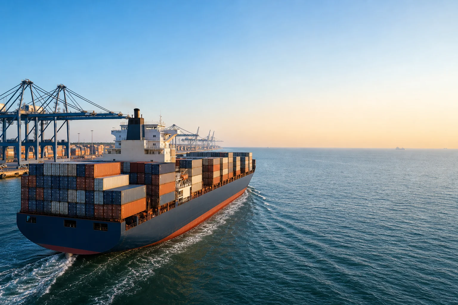 Unbranded container vessel leaving a modern commercial port toward the open sea