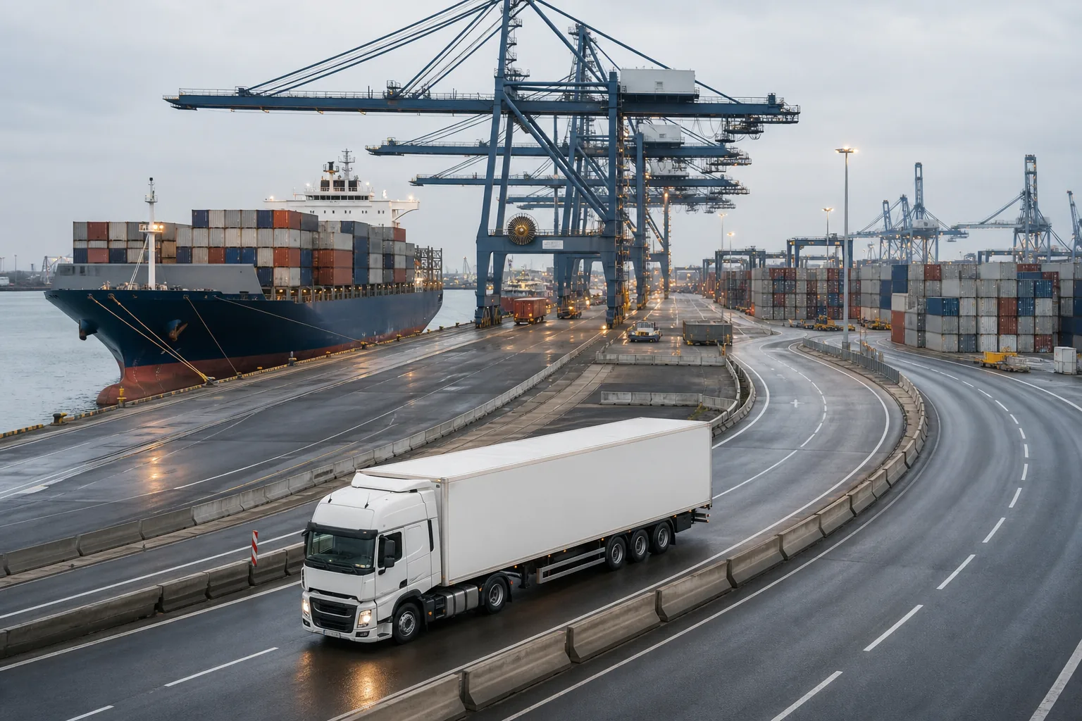 Unbranded truck traveling on a paved road through a modern Northern European commercial port