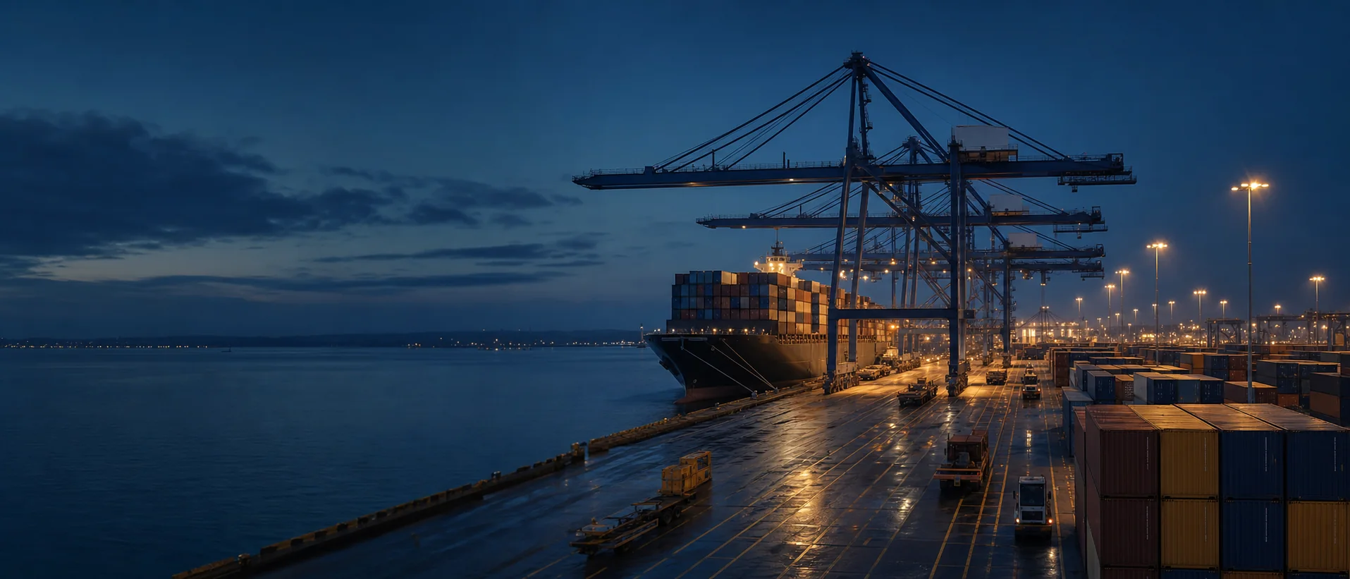 Unbranded cargo vessel and neutral containers at a modern commercial seaport