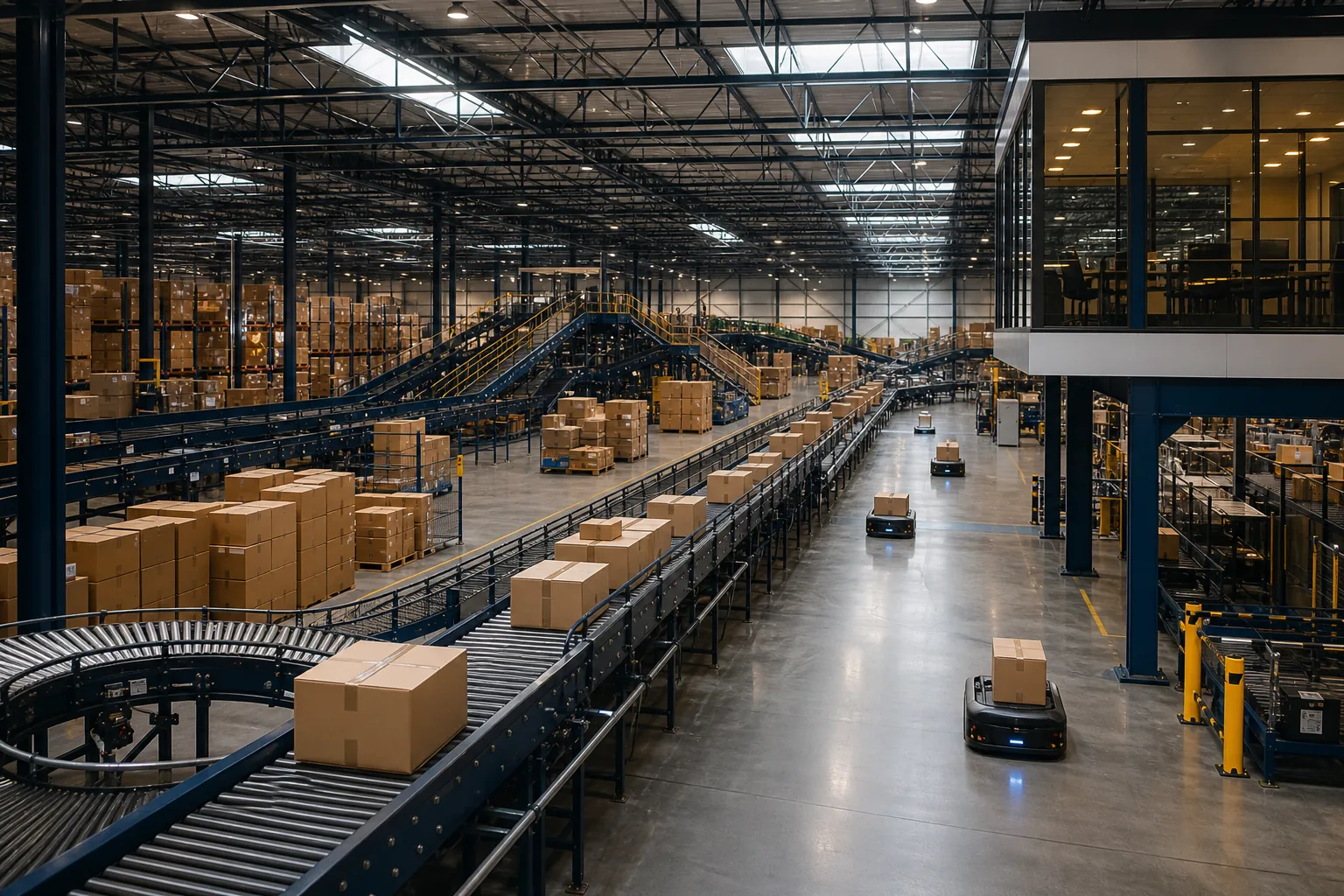 Automated commercial warehouse coordinating neutral cartons and destination fulfillment